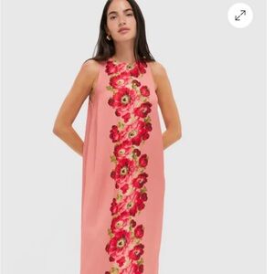 Tuckernuck Coral Maxi Dress with Red Floral Column, bows on the back